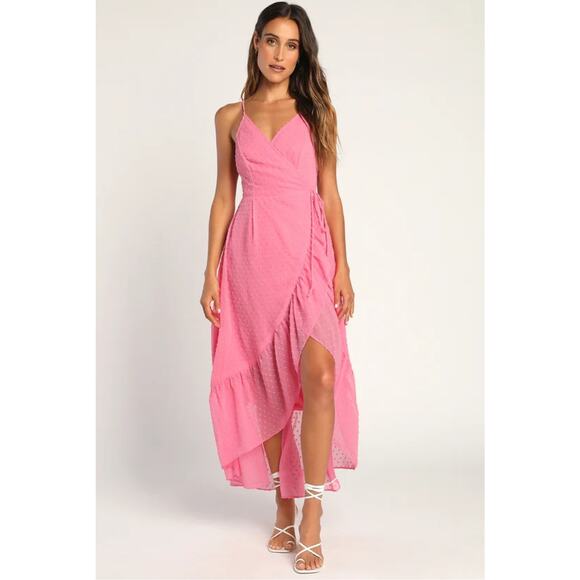 NEW NWT‎ Lulus Effortlessly Easy Pink Swiss Dot High-Low Midi Wrap Dress Medium - Picture 1 of 8